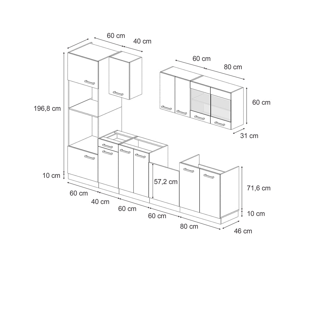 Cucina componibile R-Line Calce nera/Antracite 300 cm senza piano di lavoro Vicco