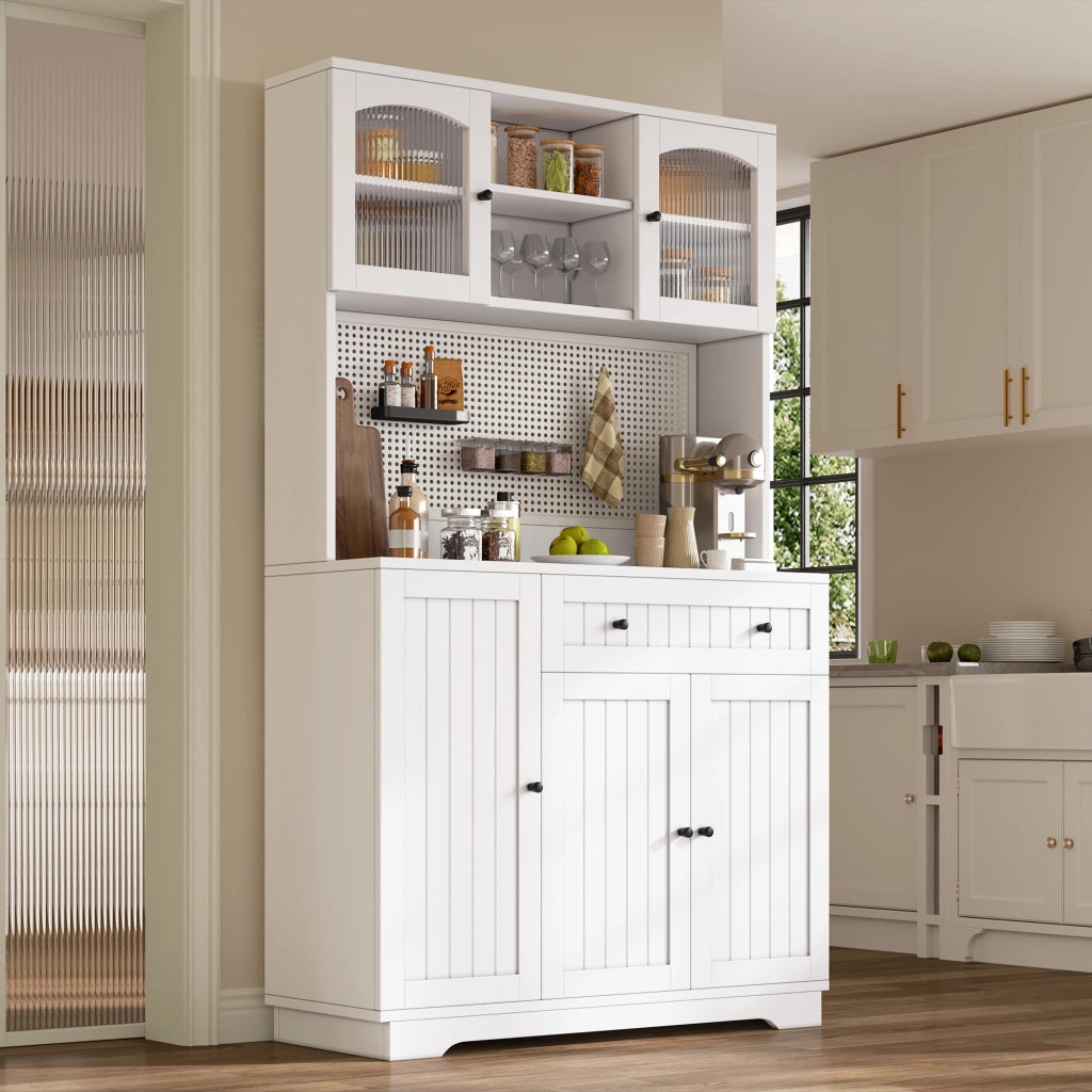 Credenza alta con vetrina e ripiani regolabili per cucina in truciolare bianco 103,5 × 40 × 180 cm