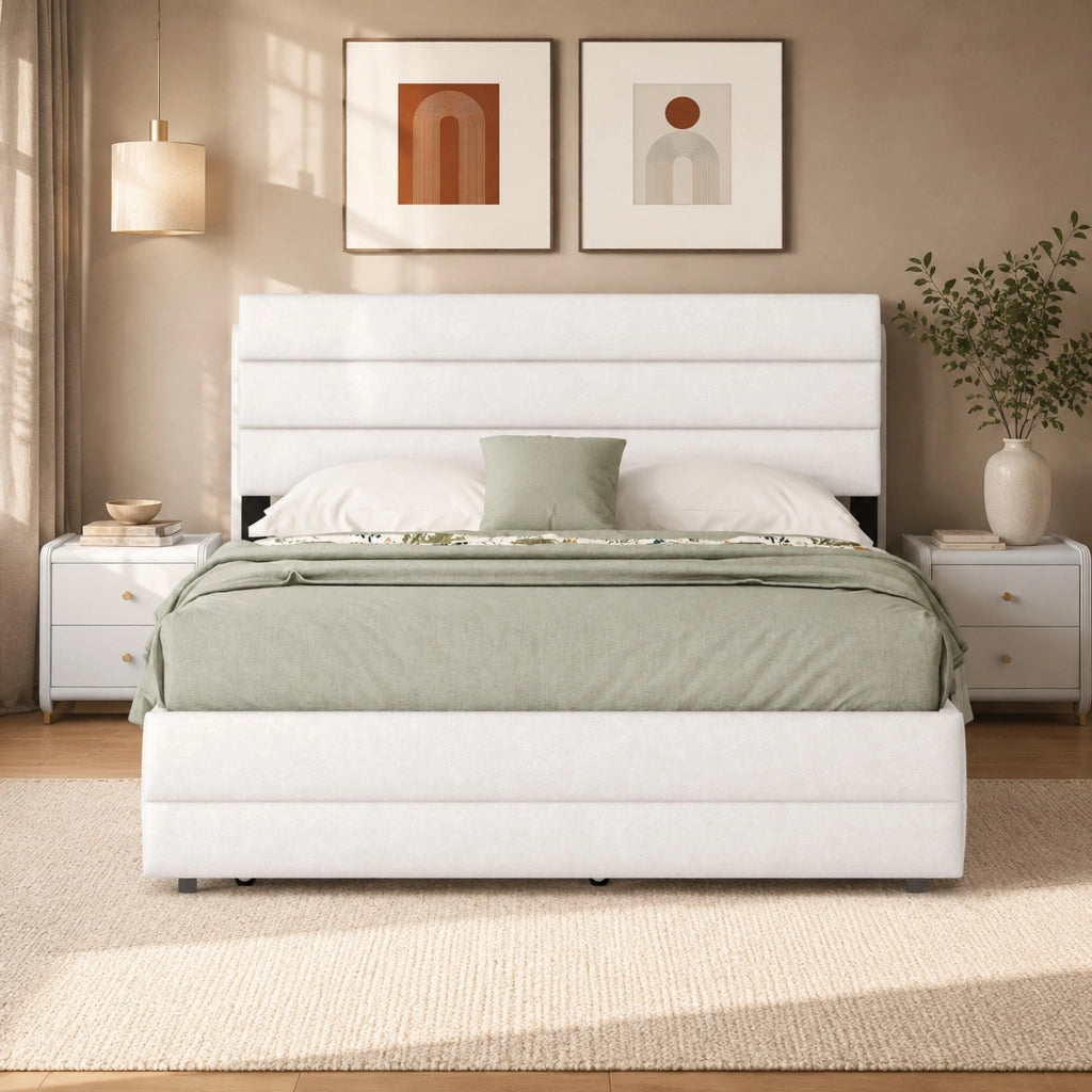 Letto matrimoniale 140x200 cm con letto estraibile e 2 cassetti; beige; in lino