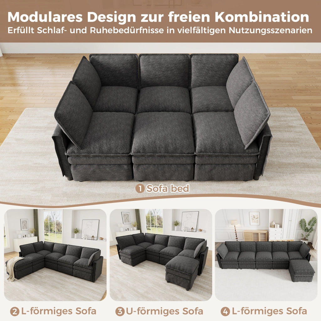 DIVANO modulare con funzione letto 344x127x91 cm in chenille grigio con pouf