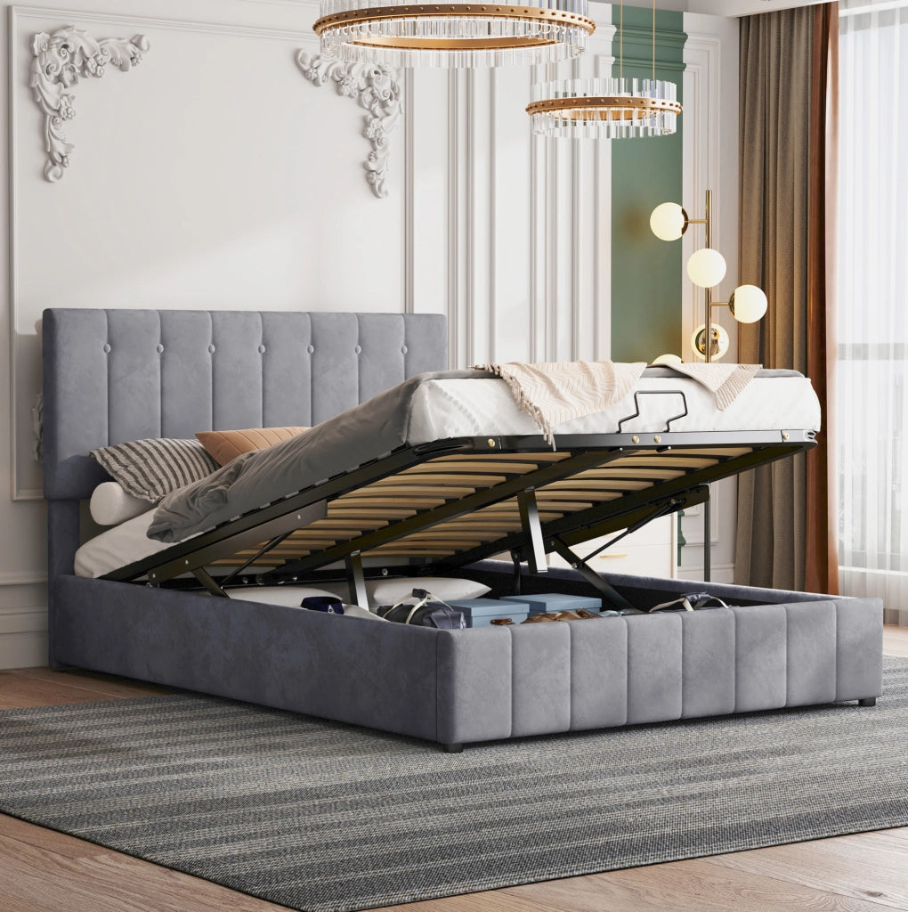 Letto matrimoniale imbottito 140x200 cm con contenitore; meccanismo idraulico e velluto grigio