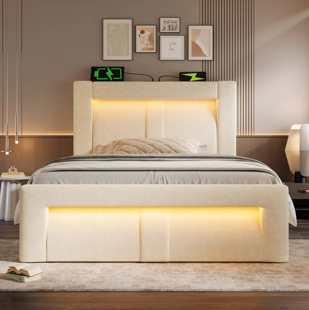 Letto singolo 90x200 cm con contenitore; LED; USB e Type-C; testiera curva in velluto beige