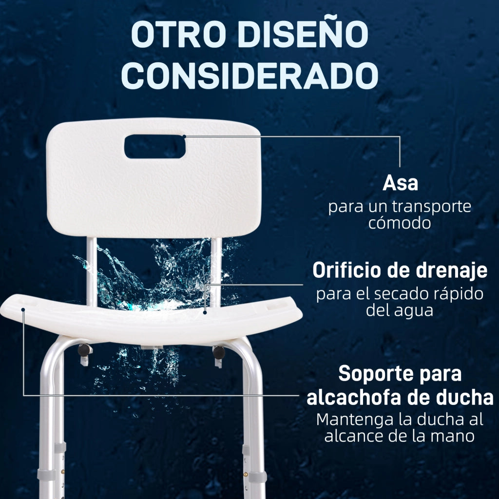 Sedia da Doccia con Schienale Altezza Regolabile Antiscivolo Carico 136kg ¨C Xylo ¨C Bianco