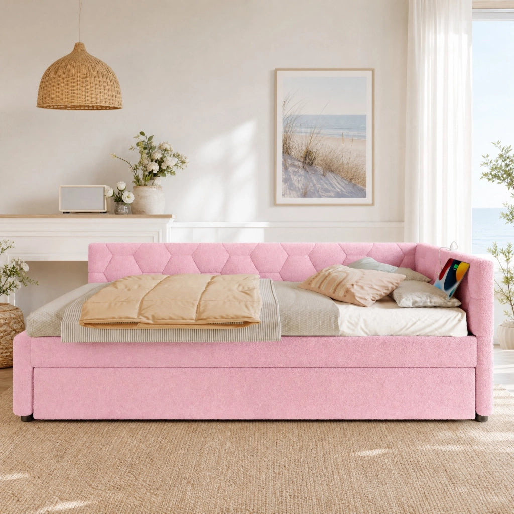LETTO 90x200 cm in Bouclé Rosa con letto estraibile, USB e Tipo-C