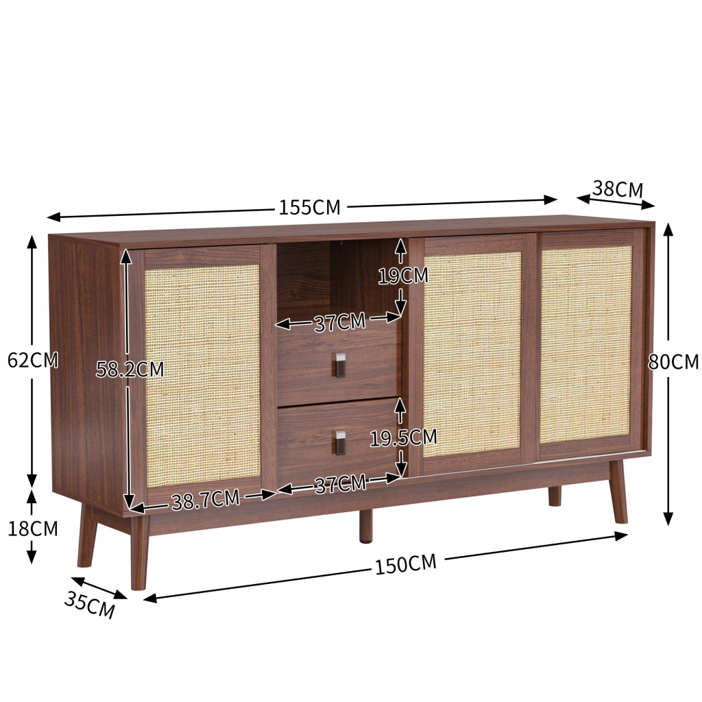 Credenza con 3 Ante Scorrevoli in Rattan e 2 Cassetti; Stile Naturale; in MDF; 155??38??80 cm; Legno