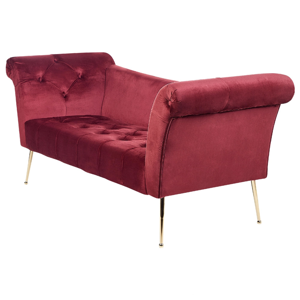 Chaise longue con tappezzeria in velluto rosso scuro Seduta capitonné a doppia estremità con gambe in metallo dorato