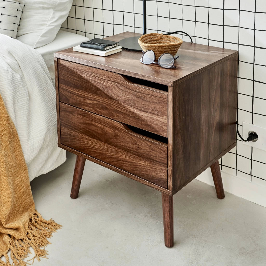 Comodino in legno tinto noce, 2 cassetti, marrone