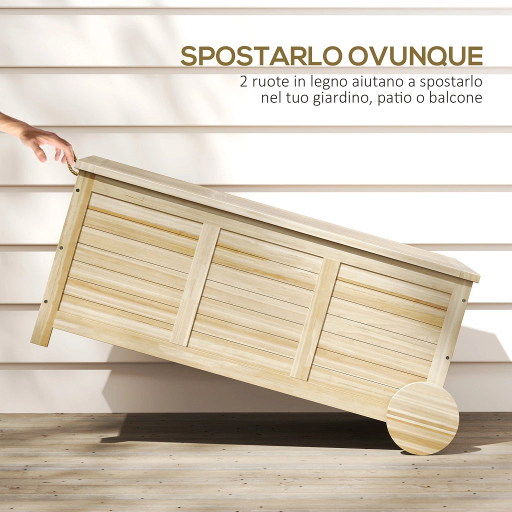 Baule da Esterno 185L a 2 Ruote con Telo Interno e Coperchio, in Legno di Abete, 110x50x50 cm, color Legno