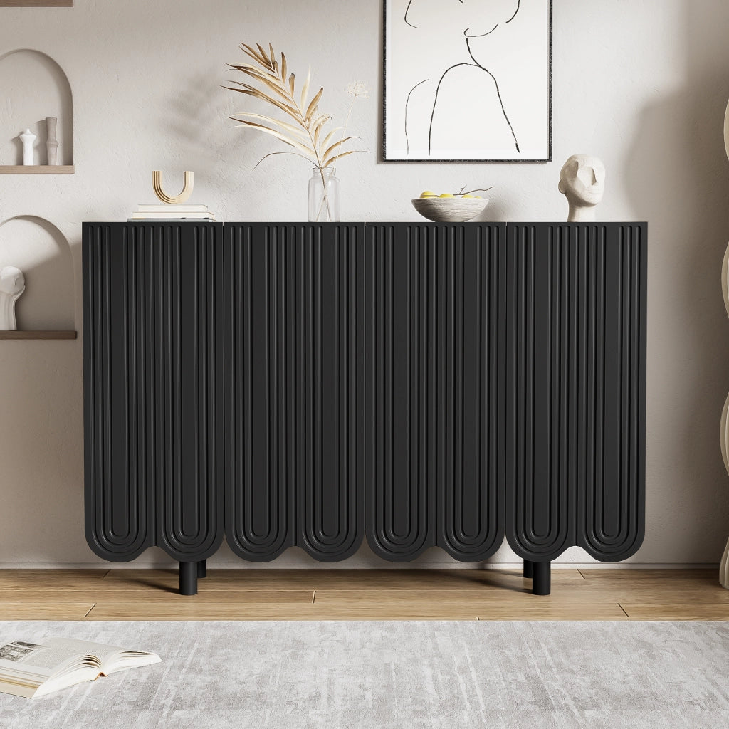 Credenza a 4 ante con intagli a goccia, ripiani interni e cerniere ammortizzate, MDF nero 120 × 37,5 × 80,8 cm
