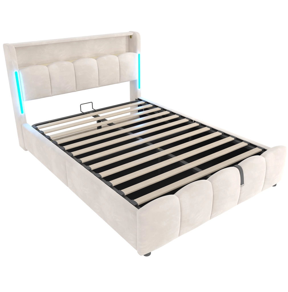 Letto imbottito 140 x 200 cm con contenitore idraulico; LED; USB e Type-C; velluto beige