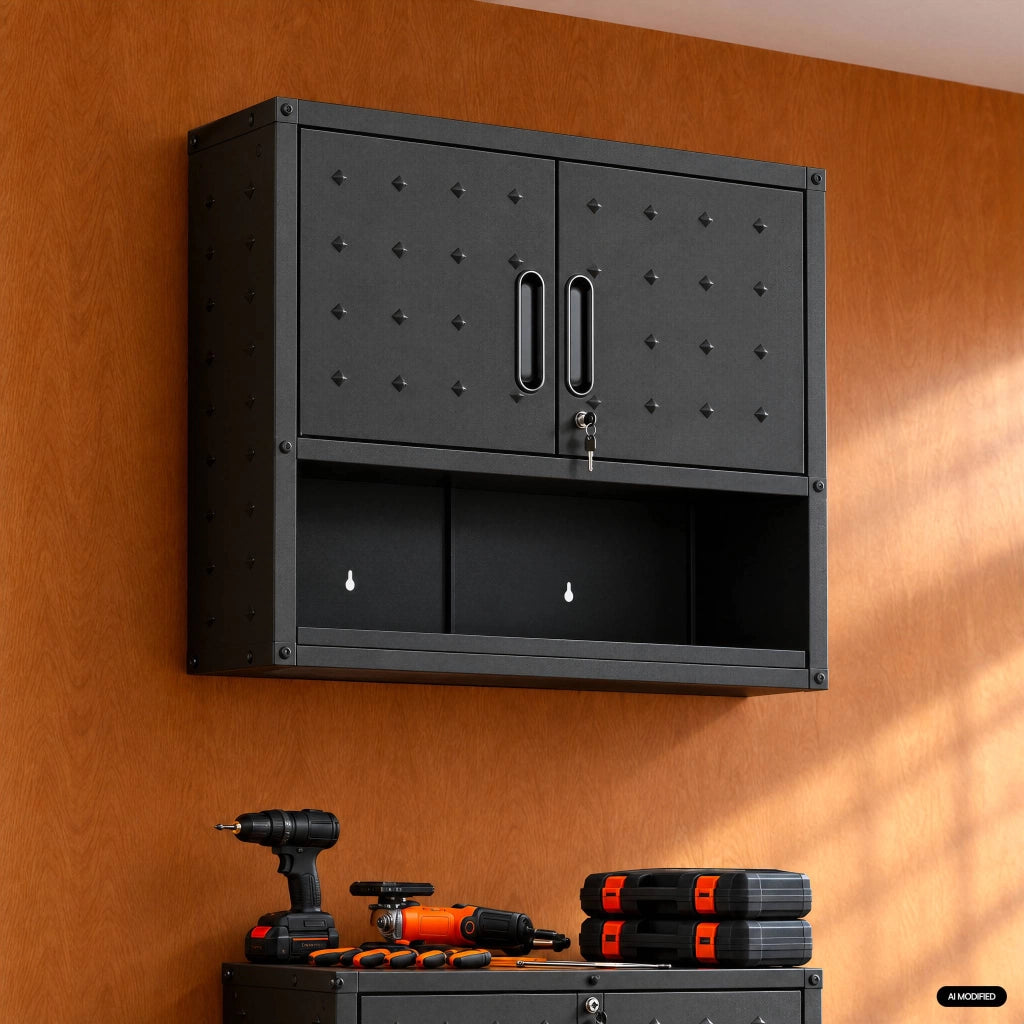 Mobile alto contenitore per garage con scaffale, nero