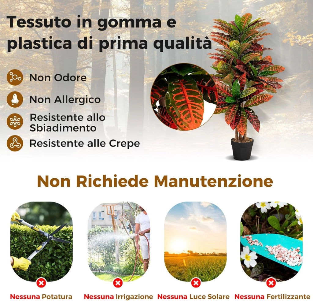 Pianta Artificiale di Croton 100 CM, Albero di Croton Finto con Foglie Variopinte, Tronco Naturale in Legno, Pianta Finta Realistica per Ufficio e Casa