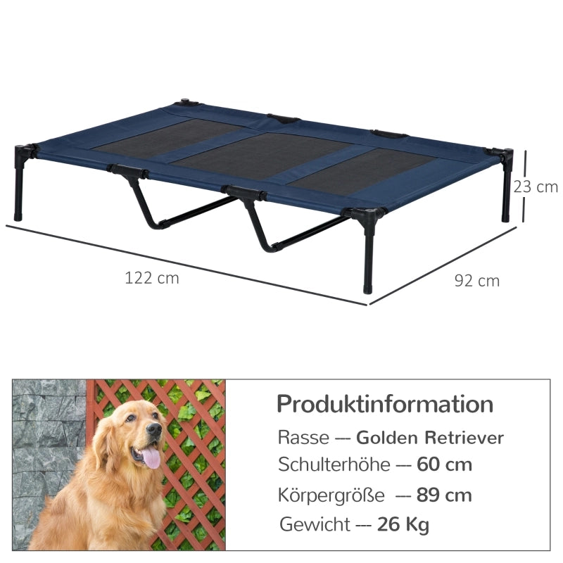 Lettino prendisole rialzato per cani con struttura in metallo e design compatto in metallo blu scuro