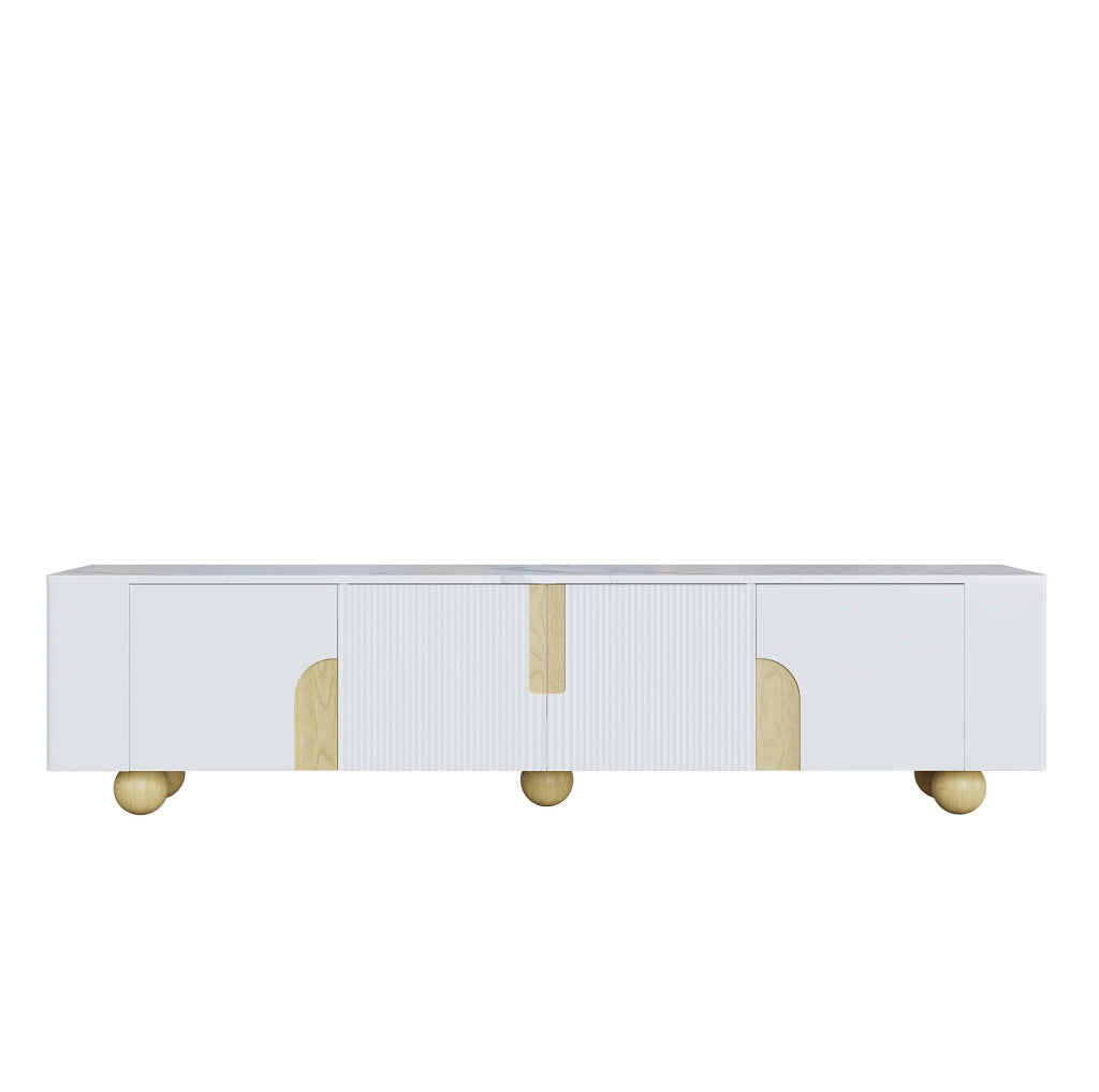 Mobile TV 180x40x44 cm con 4 ante e superficie effetto marmo in MDF e pannello di particelle bianco; naturale