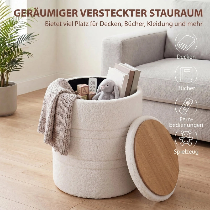 Pouf contenitore Sherpa con coperchio reversibile, sgabello rotondo per soggiorno e camera da letto, bianco