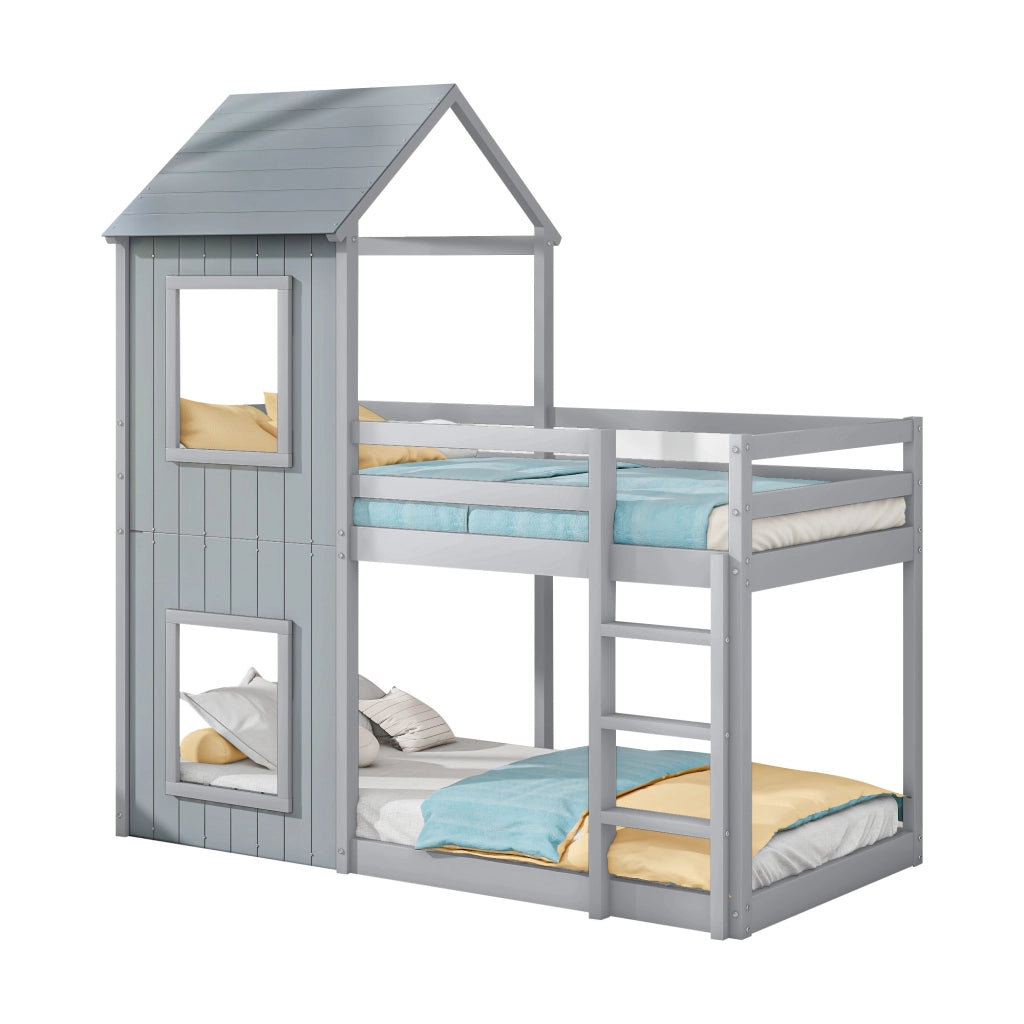 OKWISH Letto a Castello 90×200 cm, Letto Singolo con Spondina di Sicurezza, Scala e Struttura a Casetta, senza Materasso, in Pino, Grigio