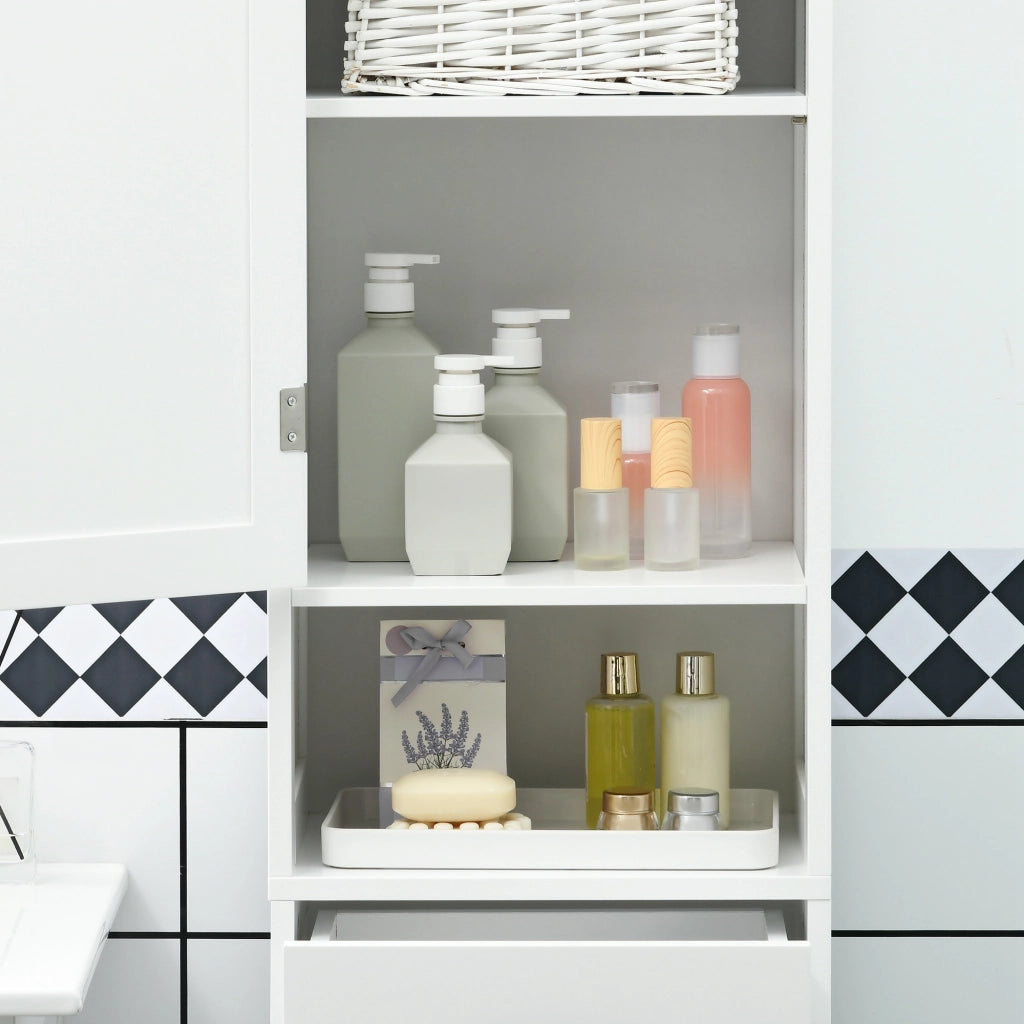 Mobile Colonna Bagno 40x30x164 cm con Mensola Aperta Cassetto e 2 Armadietti in Legno Bianco