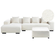 Divano angolare a L con cuscini 4 posti in tessuto bouclè bianco bianco sporco con ottomana versione a destra stile elegante moderno