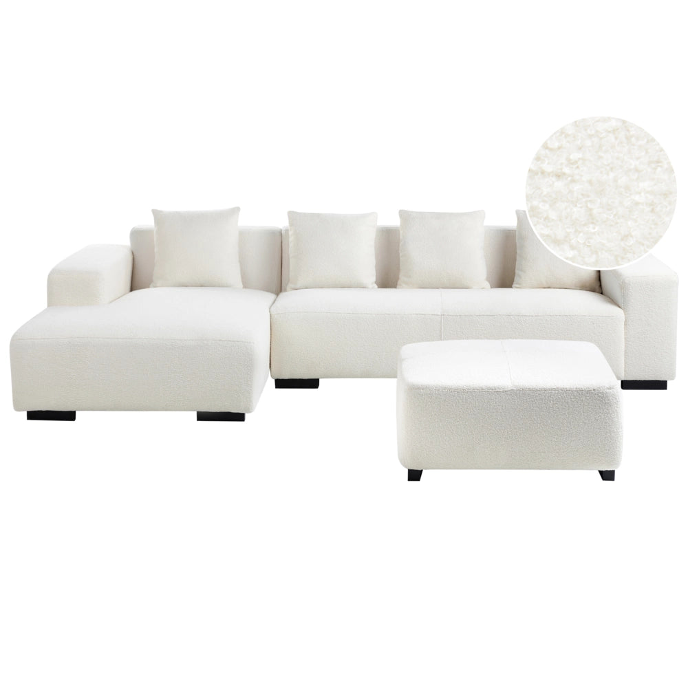 Divano angolare a L con cuscini 4 posti in tessuto bouclè bianco bianco sporco con ottomana versione a destra stile elegante moderno