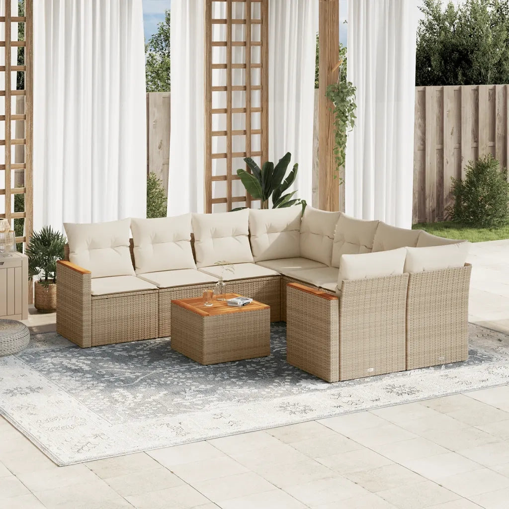 Set Divano da Giardino 9 pz con Cuscini Beige in Polyrattan