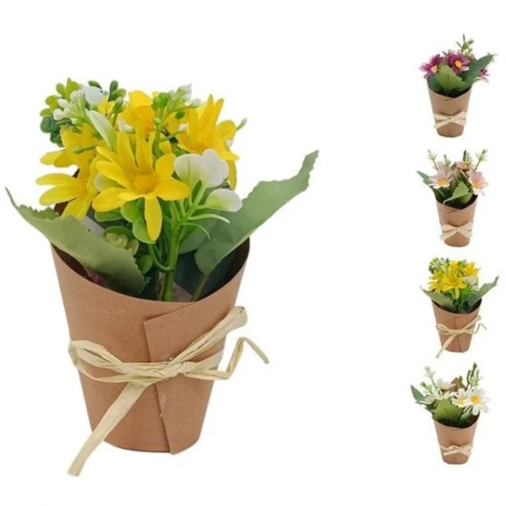Trade Shop - Set 12 Pz Bouquet Di Fiori Finti Piantina Margherite 4 Colori Con Cartoncino Fiocco 656839 -