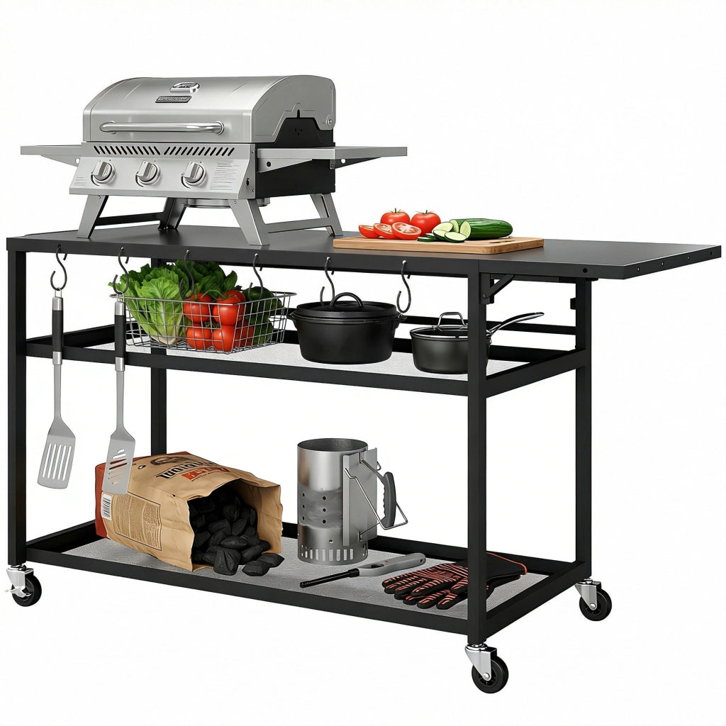 Carrello barbecue da giardino con ripiano laterale pieghevole ¨C zephmum ¨C nero, 133x48.5x82 cm