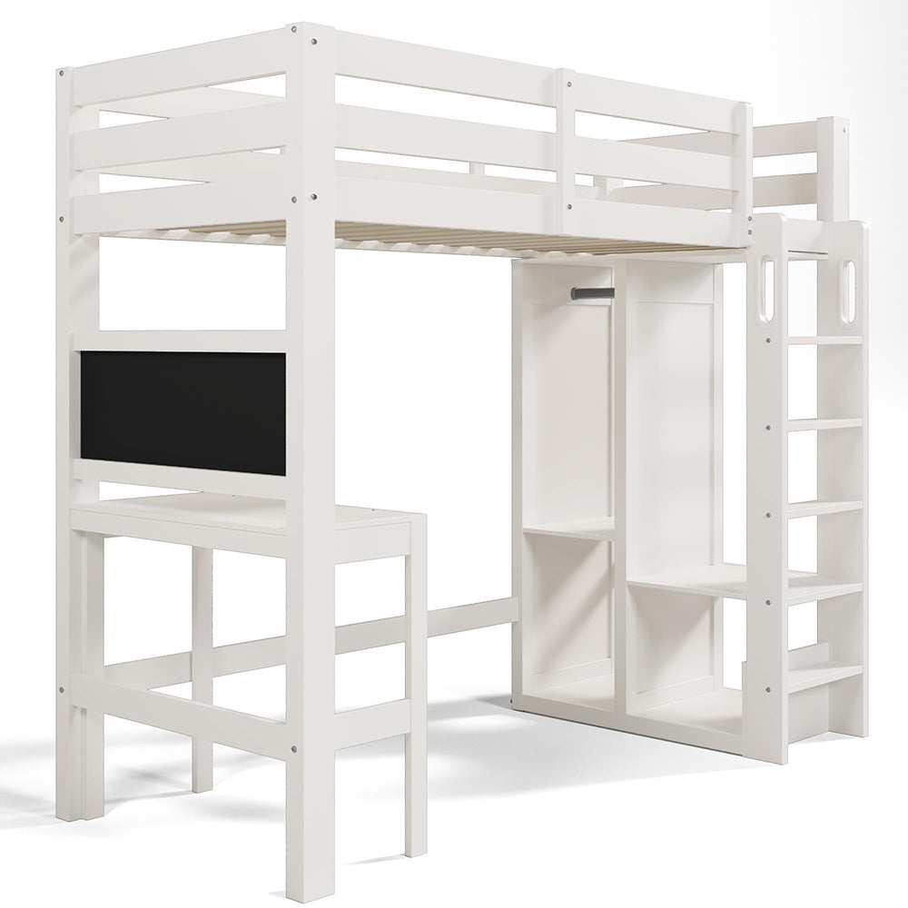 Letto a soppalco per bambini - Xylo - 90x200 cm - Bianco - Con scrivania, armadio e scaffali