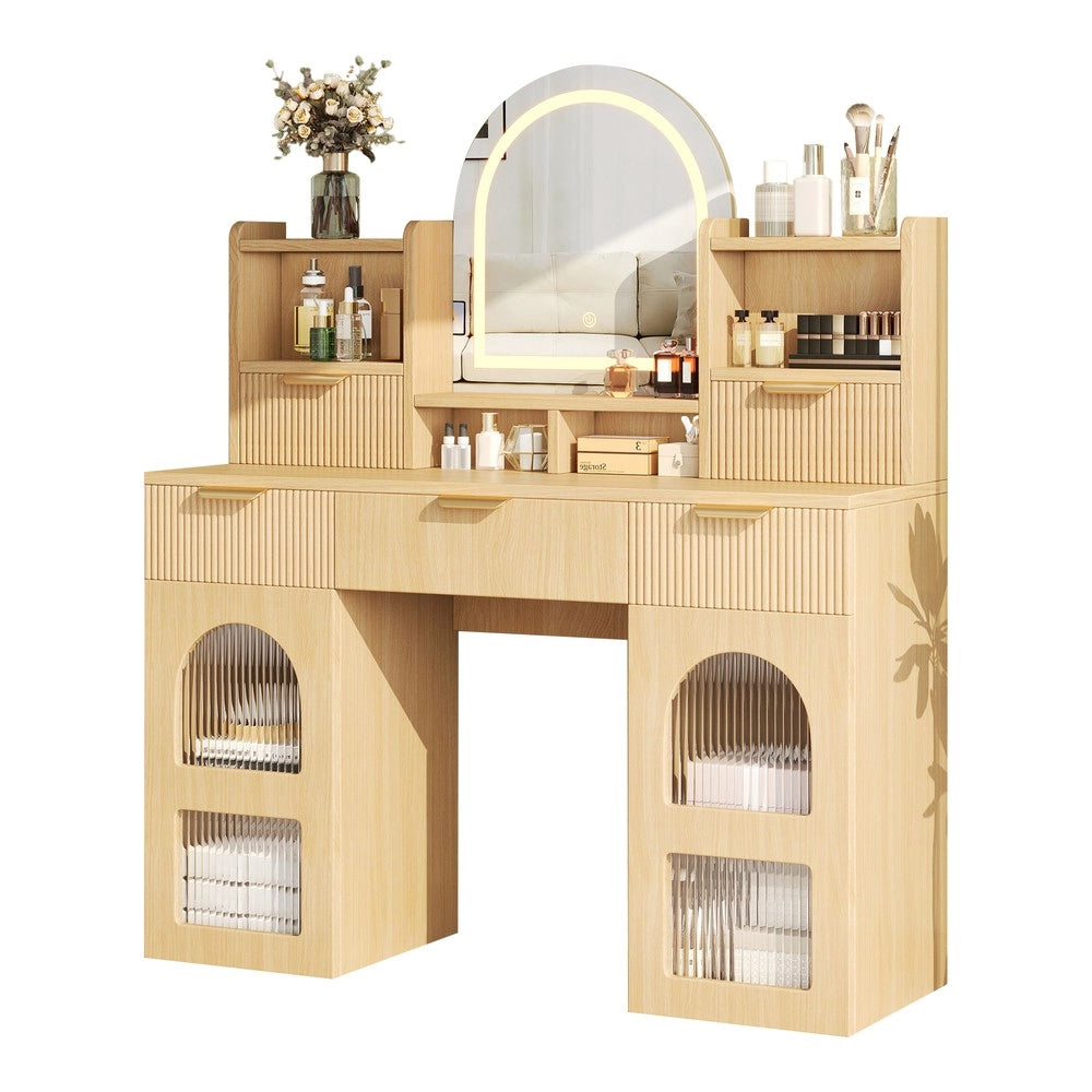 Tavolo Trucco con Specchio e LED ¨C Xylo ¨C 3 Cassetti, 2 Ante, Legno, 120x40x139.5 cm