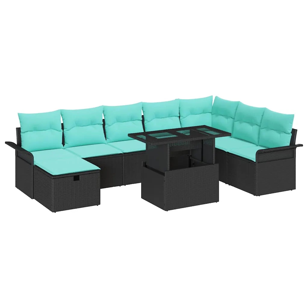 Set Divano da Giardino con cuscino 9 pcs Nero Poly Rattan