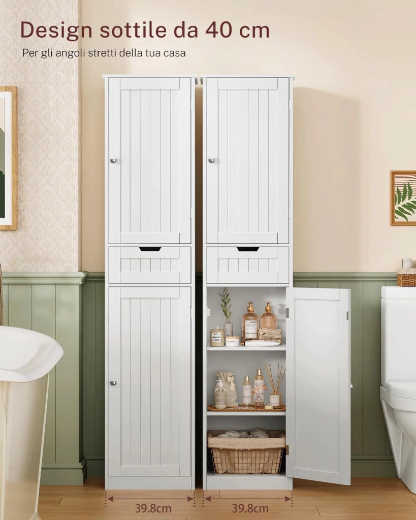 Mobile da Bagno Salvaspazio Stretto e Alto con Cassetto, Armadietto Bagno Moderno 2 Ante + 1 Cassetto 40x30x170 cm, Bianco