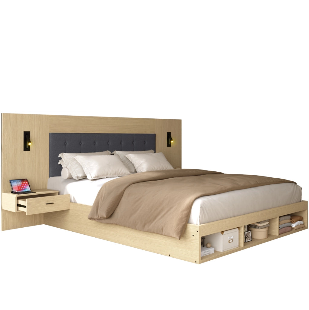 Letto matrimoniale 160x200 cm con USB C; LED e 2 comodini; MDF rovere chiaro
