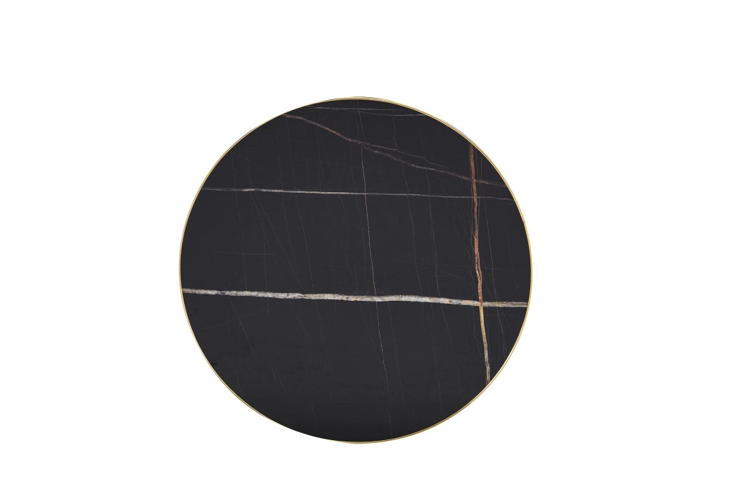 Tavolino basso rotondo effetto marmo con bordo dorato, in MDF e metallo, per soggiorno e camera, nero, Ø 60 cm × 73,7 cm