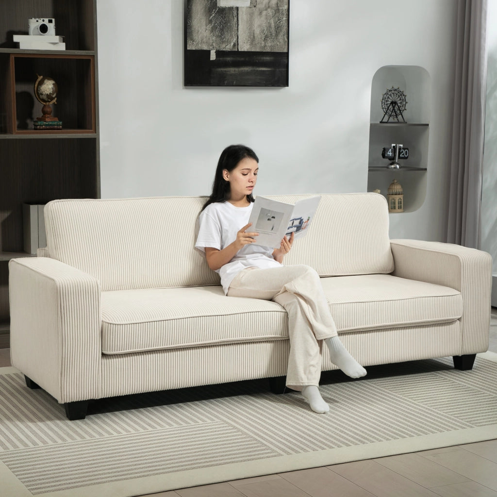 Divano 3 posti in tessuto a coste crema con struttura robusta 227x84x87 cm