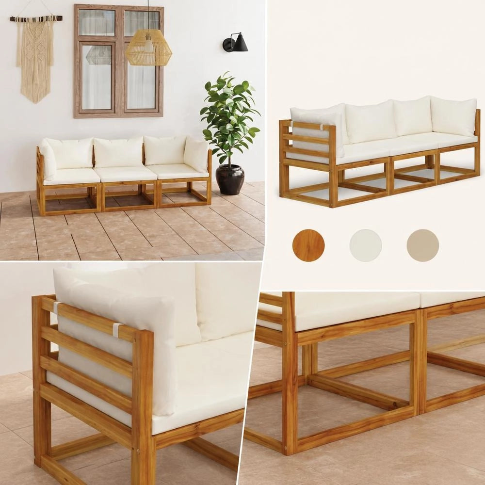 3-seater Garden Sofa With Cream Cushion, Solid Acacia Wood