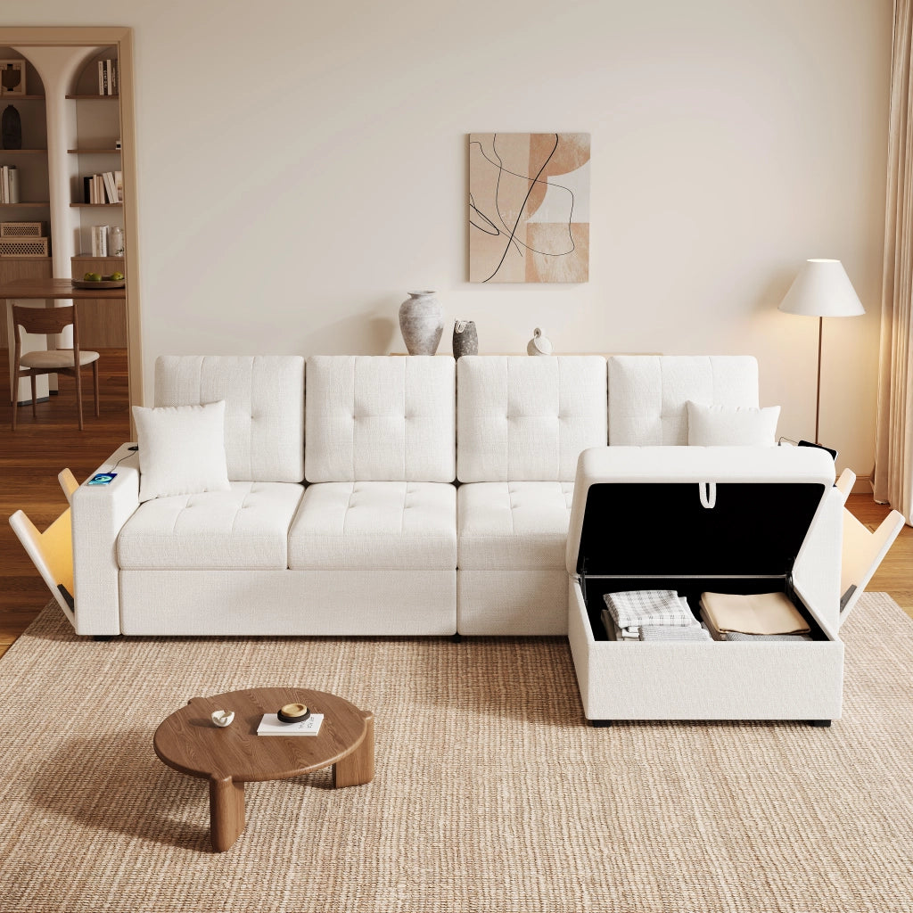Divano angolare modulare 4 posti con contenitore, LED, USB e Type-C, cuscini e tessuto di lino beige