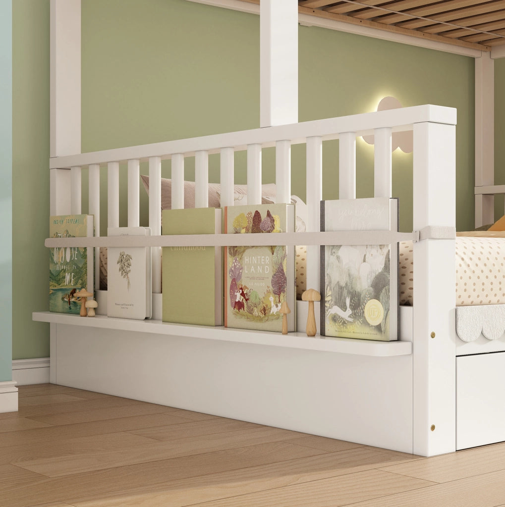 Letto a castello per bambini e adulti 90x200/140x200 cm in legno bianco con cassetti e portariviste