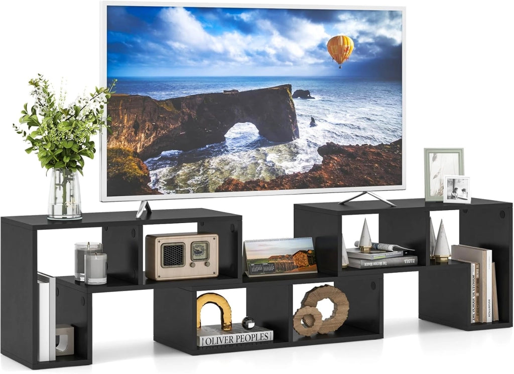 Mobile Porta TV Combinabile con Ripiani Aperti, per TV Fino a 65 Pollici, Mobile TV di Legno per Camera da Letto, Soggiorno, Capacità di Carico Massima 80 kg, 134-180 x 30 x 43 cm (Nero)