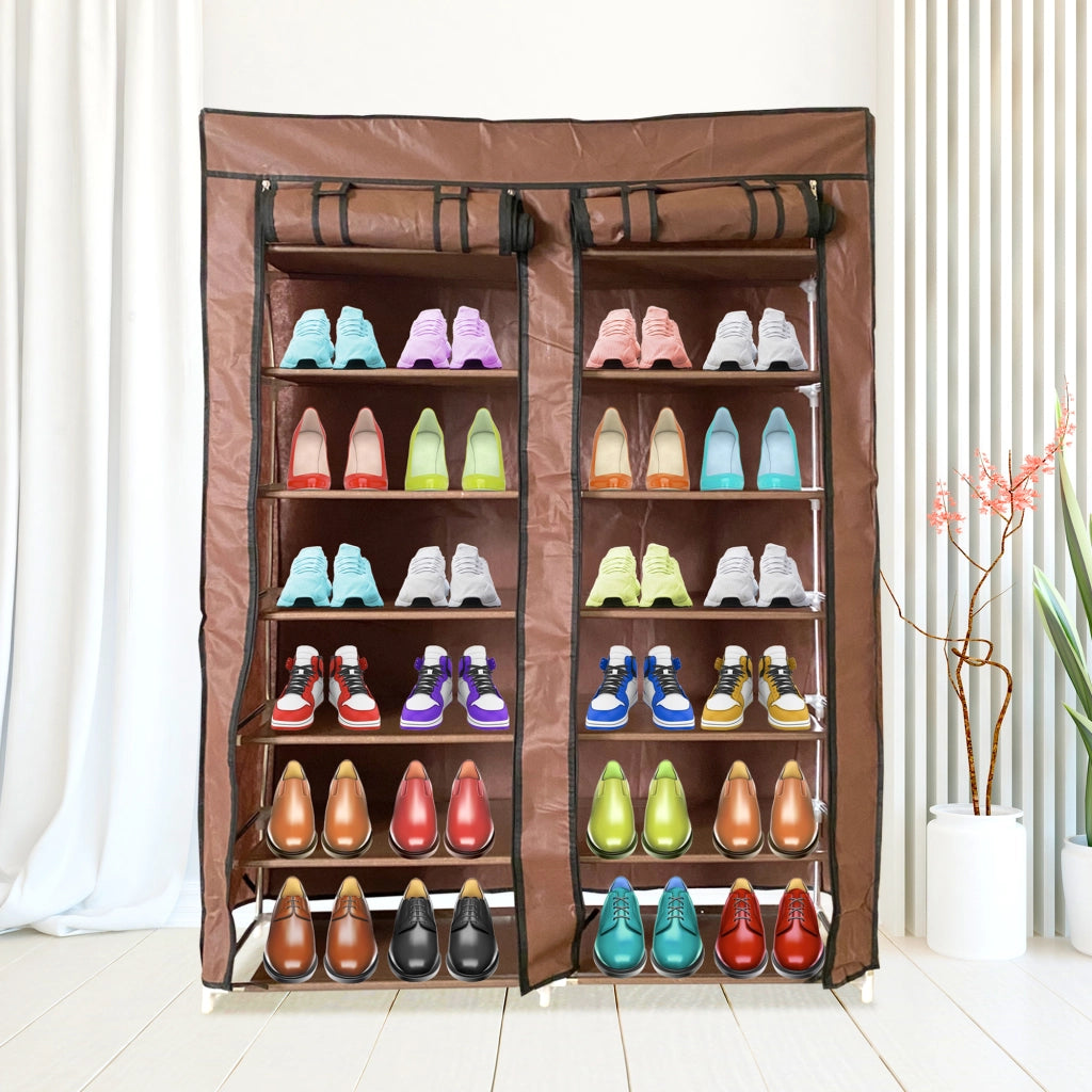 Scarpiera Tessuto per Scarpe con 2 Ante con Cerniera 125x92x28,5cm, 28 paia. Marrone