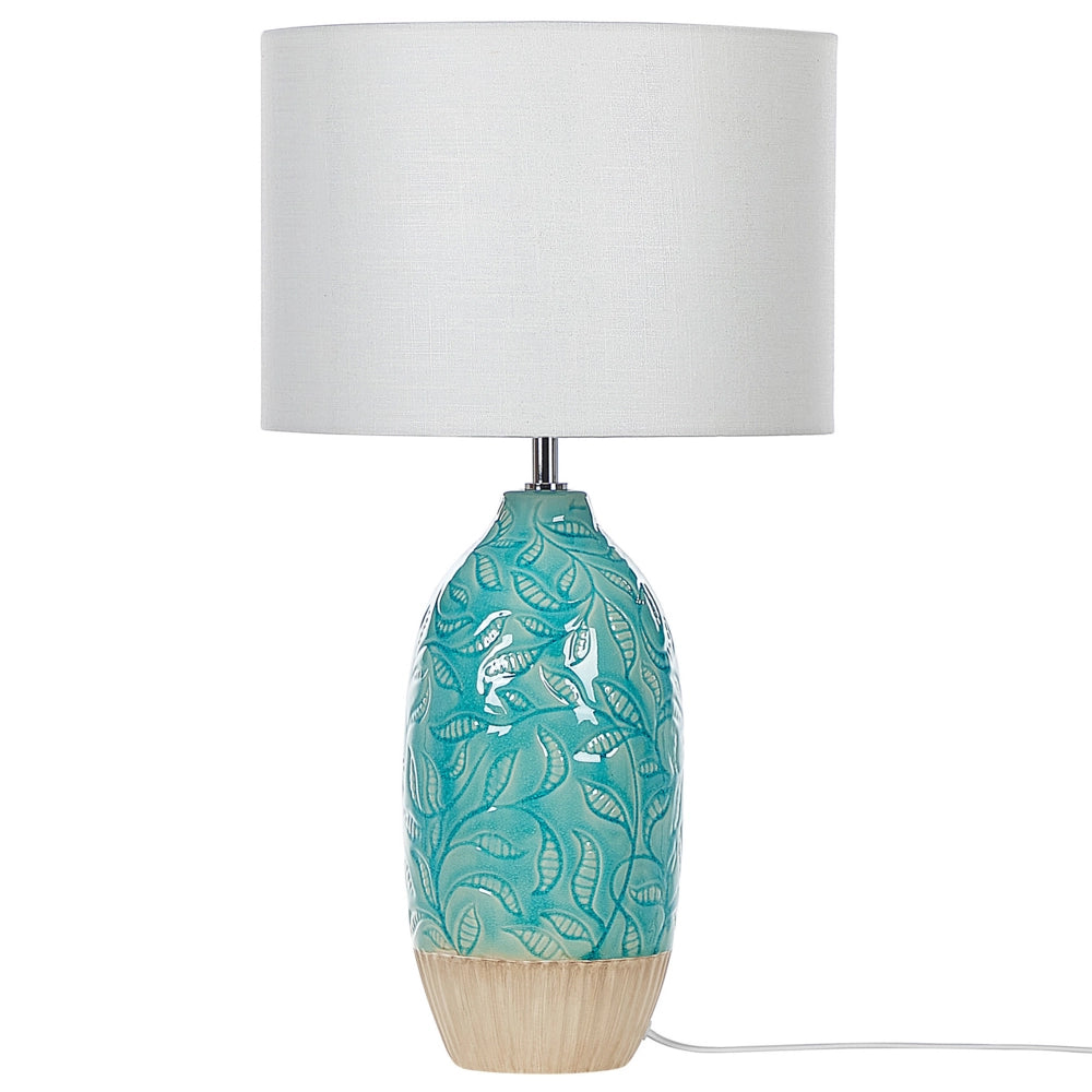 Lampada da Tavolo Turchese Ceramica Base Decorata Paralume in Tessuto Bianco Boho Rustic Design Home Illuminazione
