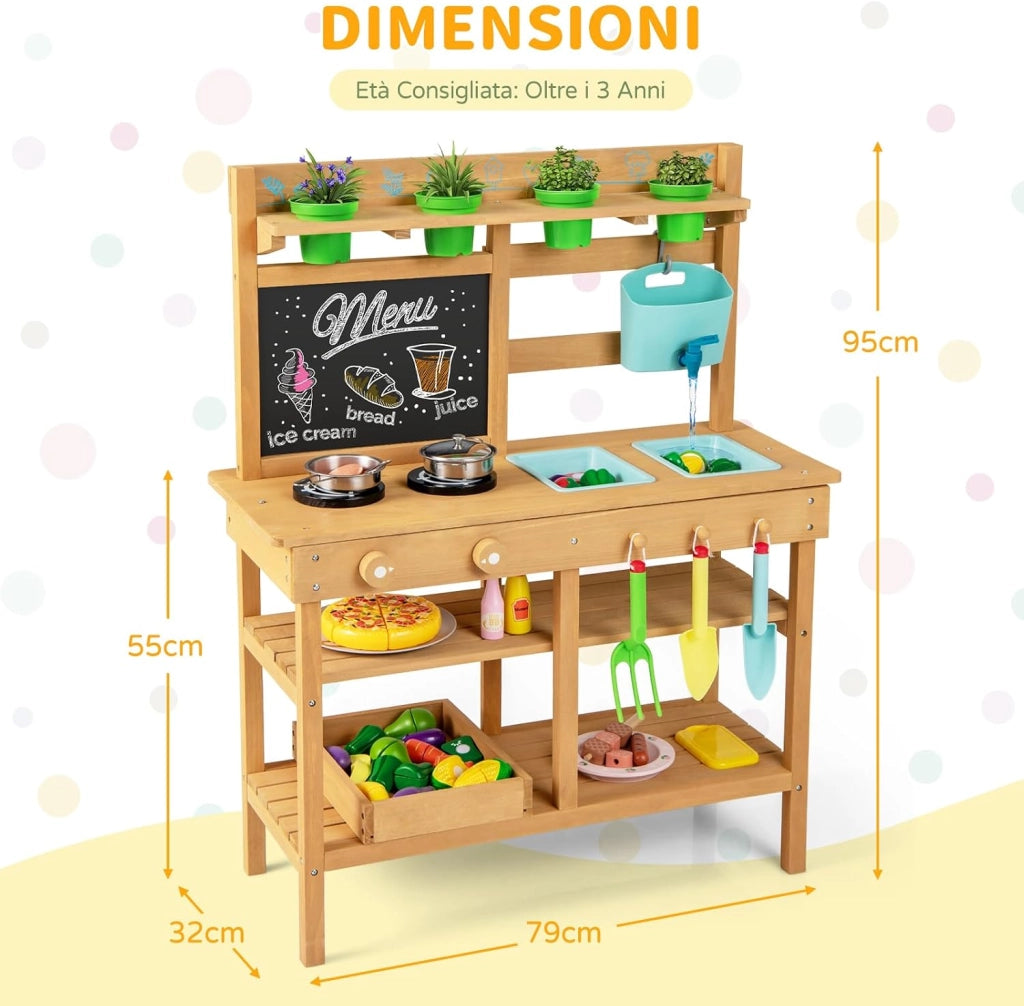 Cucina in Legno per Bambini, Cucina da Gioco all'Aperto con Rubinetto, Lavandini Rimovibili, Lavagna, Fornelli, Manopole, Vasi di Fiori e Accessori per Piantare, per Bambini 3+ Anni