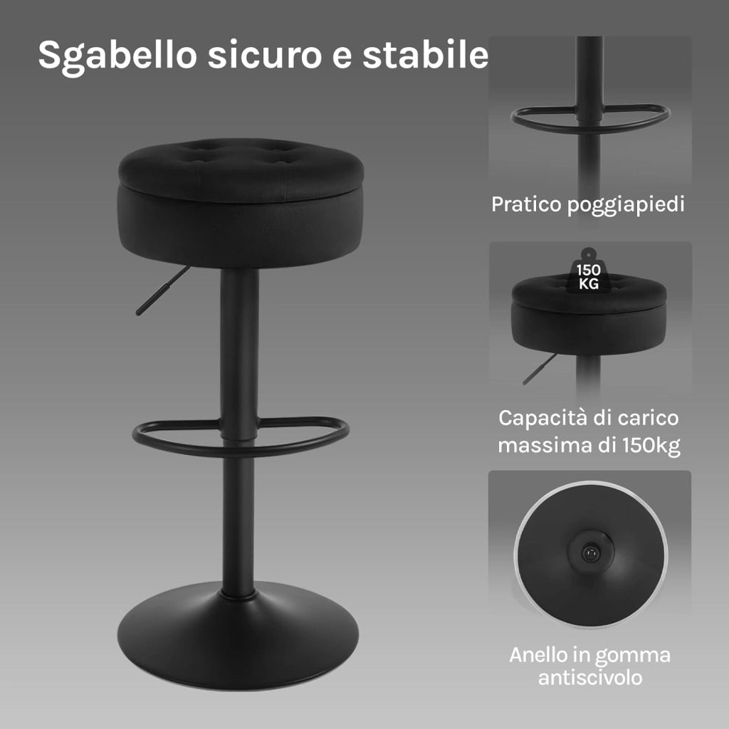 Sgabello Cucina, Sgabello da Bar Alto con Spazio Contenitivo, Sedia Regolabile in Altezza e Girevole a 360°, per Cucina Sala da Pranzo Bar Bancone, Velluto, Metallo, Nero