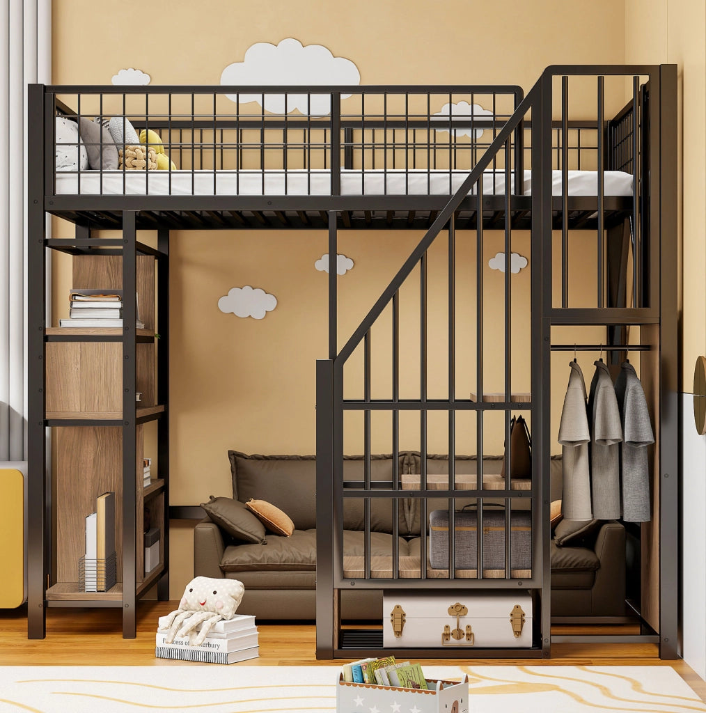 Letto a soppalco 90x200 cm con scala contenitore; struttura in metallo e legno; nero