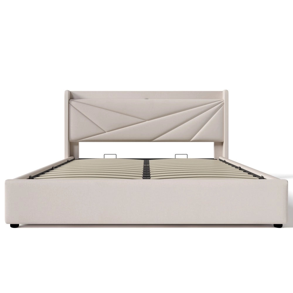 Letto Contenitore Imbottito con USB ¨C MINIMAL ¨C Tessuto Lino 180x200 con Doghe