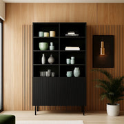 Libreria Ghilarza, Mobile portalibri con vani aperti e due ante, Rialzato da terra, 100x42 h177 cm, Nero