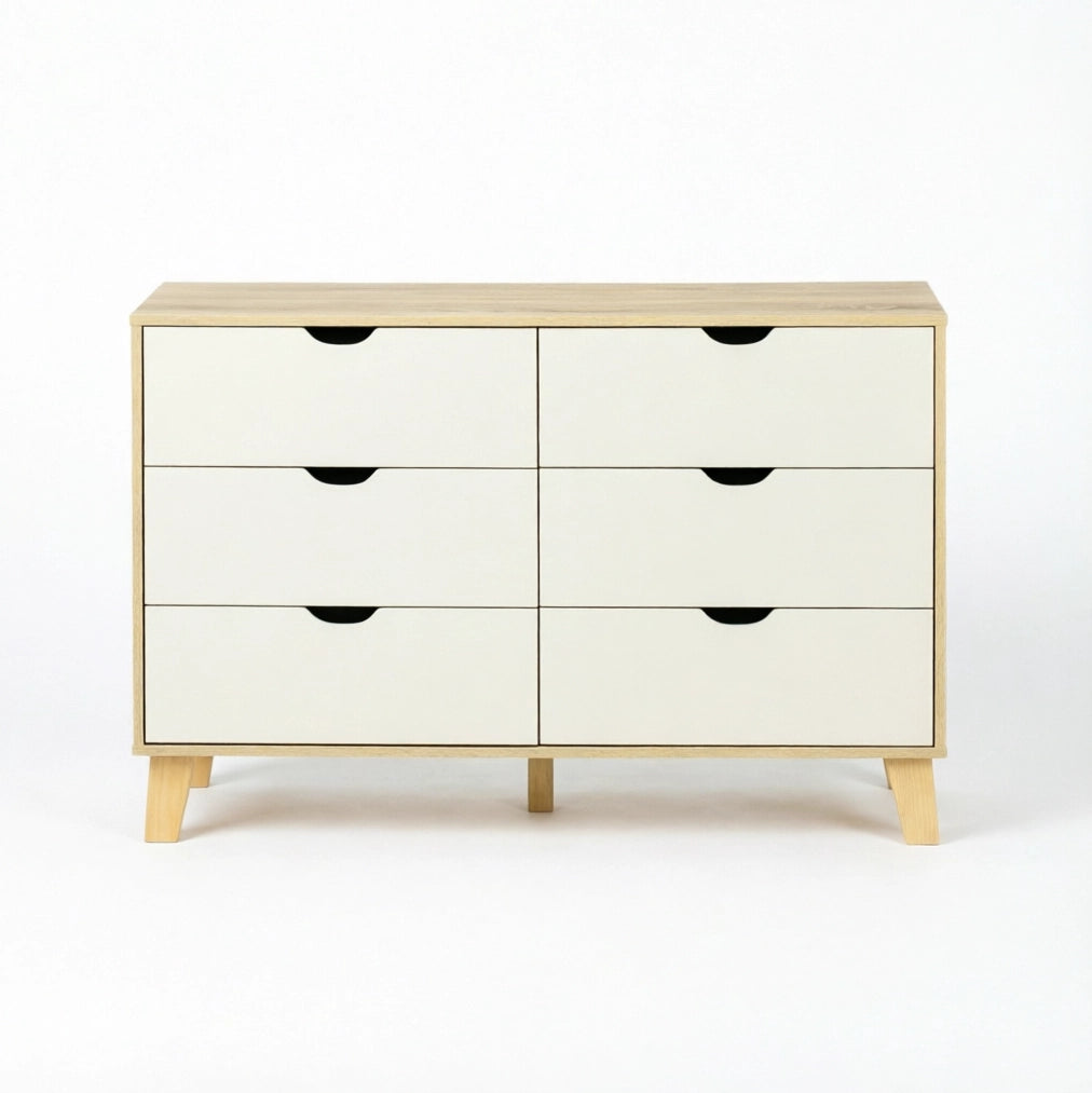 Comò contenitore bianco e rovere 120x40x76 cm con 6 cassetti e gambe in legno