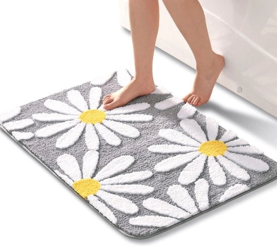 Tappeto da bagno grigio, fiori di margherita, mat di bagno, antiscivolo, lavabile, tappeto da bagno, fiori bianchi e gialli, microfibra morbida, mat di doccia, assorbente, 60 x 90 cm