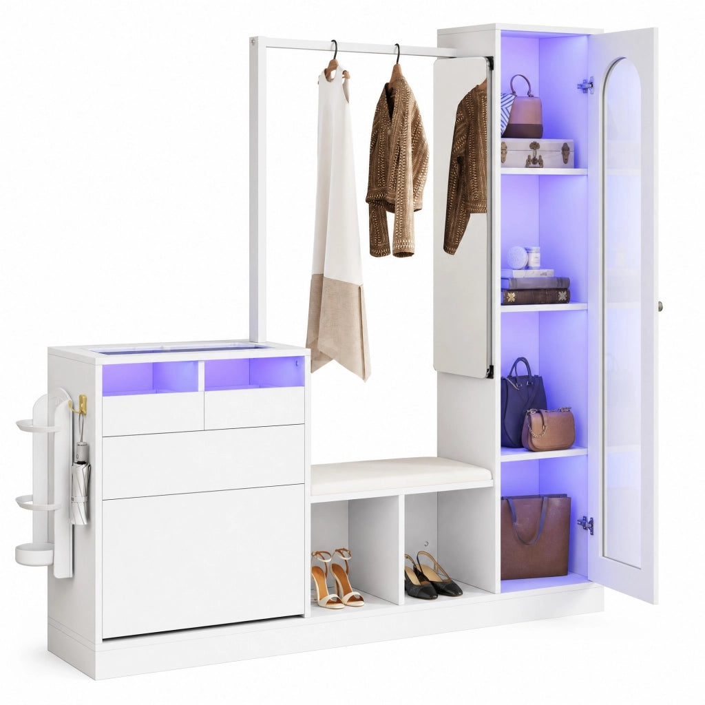 Mobile multifunzionale da ingresso con toeletta; scarpiera ribaltabile; specchio e LED; bianco