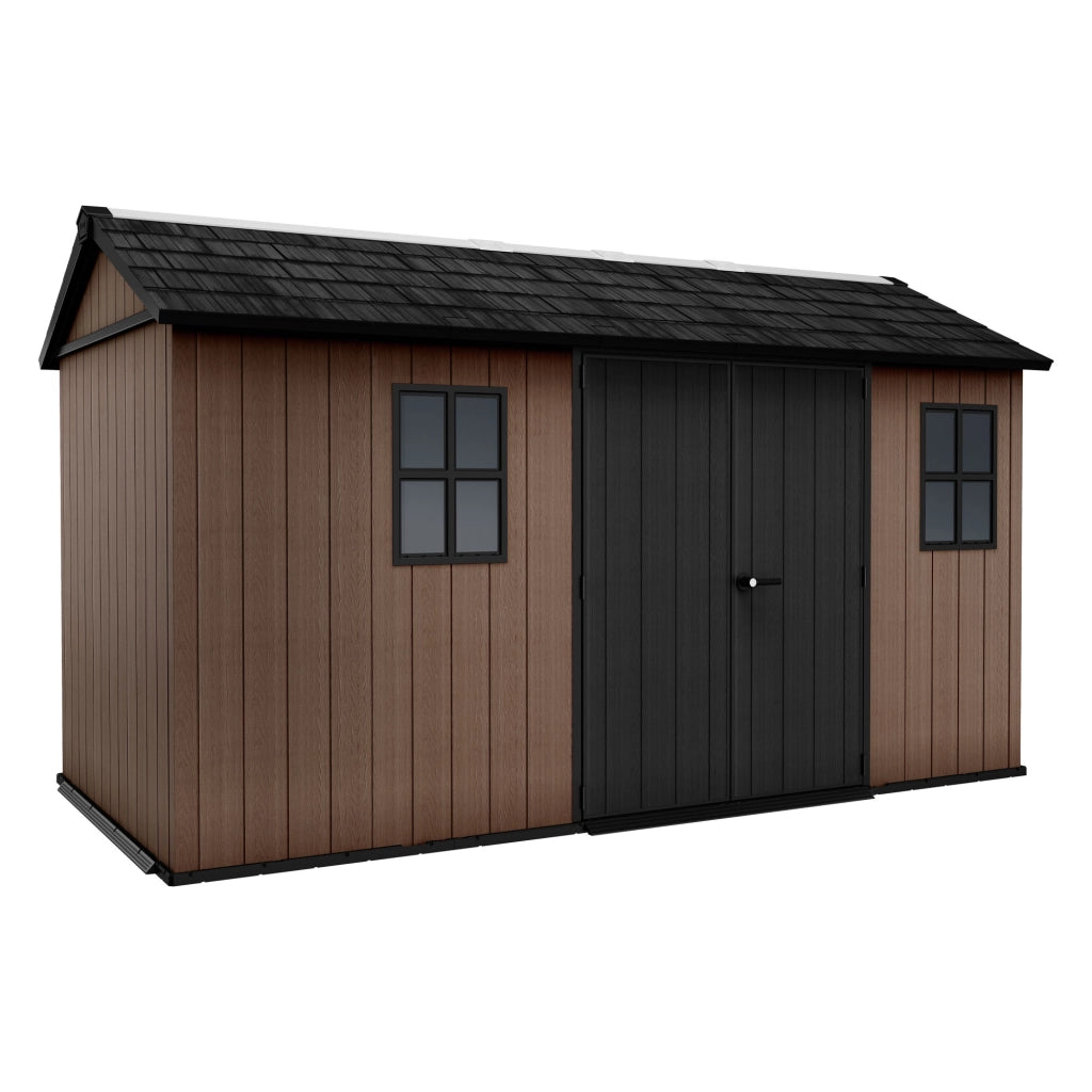 Newton + 7513/1375- Casetta da Giardino 413x246x230 cm 2 Ante per deposito attrezzi finitura effetto legno Evotech+ in Resina Marrone e Nero