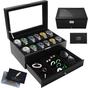 Cassa orologio a 2 livelli con 12 contenitori e 1 cassetto per orologi, anelli e gioielli con coperchio in vetro.