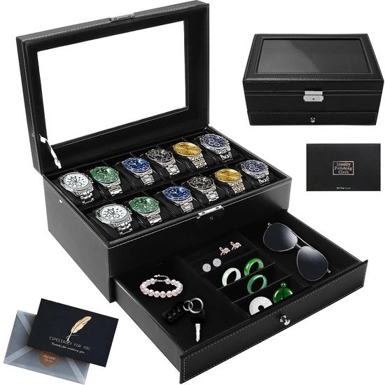 Cassa orologio a 2 livelli con 12 contenitori e 1 cassetto per orologi, anelli e gioielli con coperchio in vetro.